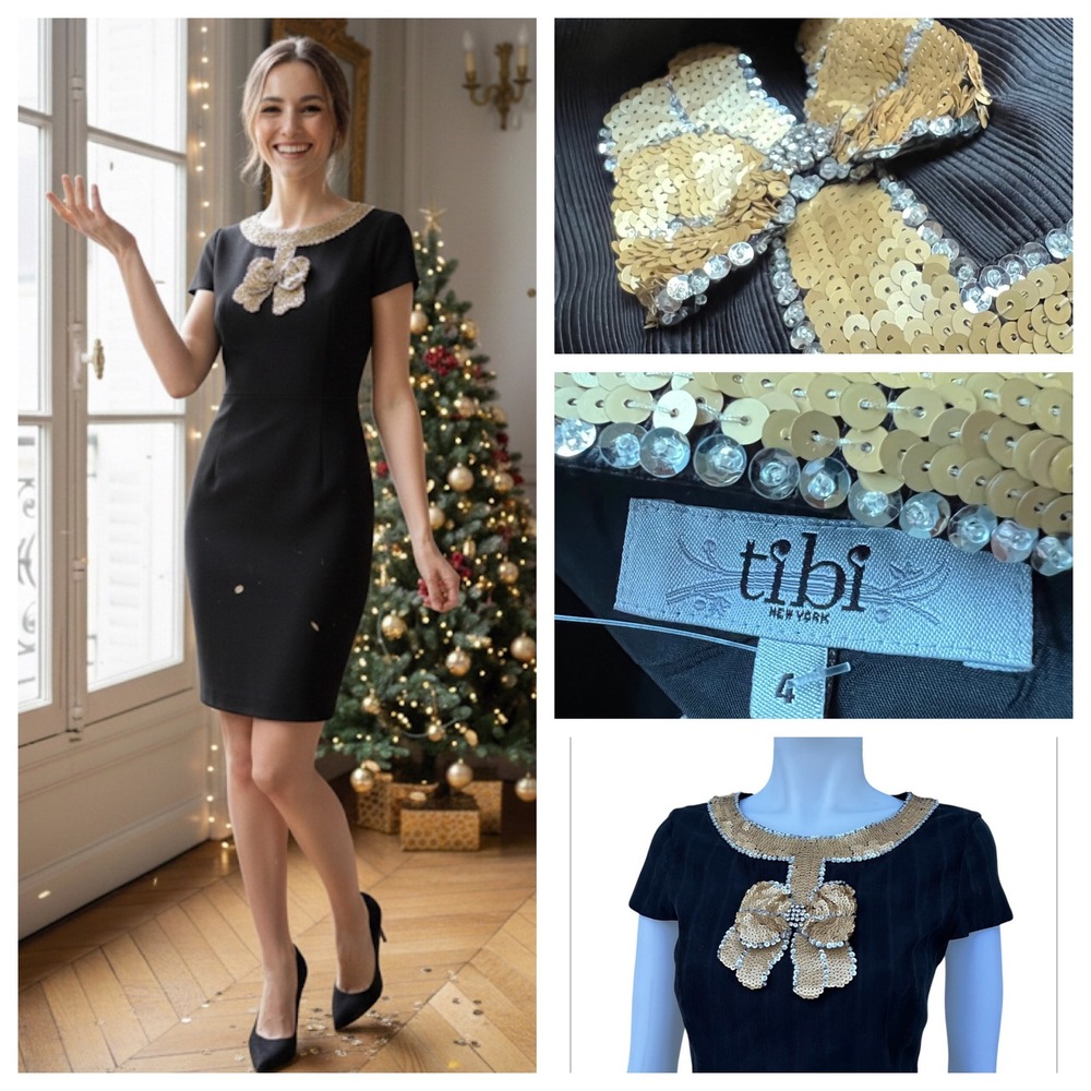 Vintage 90's Tibi Black Silk Mini Dress Golden Sequin Bow Party LBD Sz 4